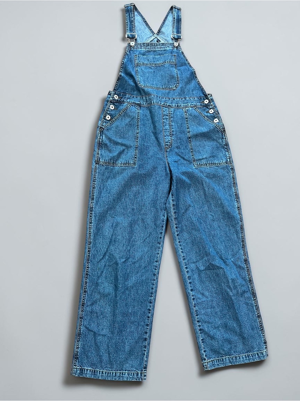Vintage French Cuff Wide Leg Denim Overalls Size 8 90s Y2K Medium Wash Cotton